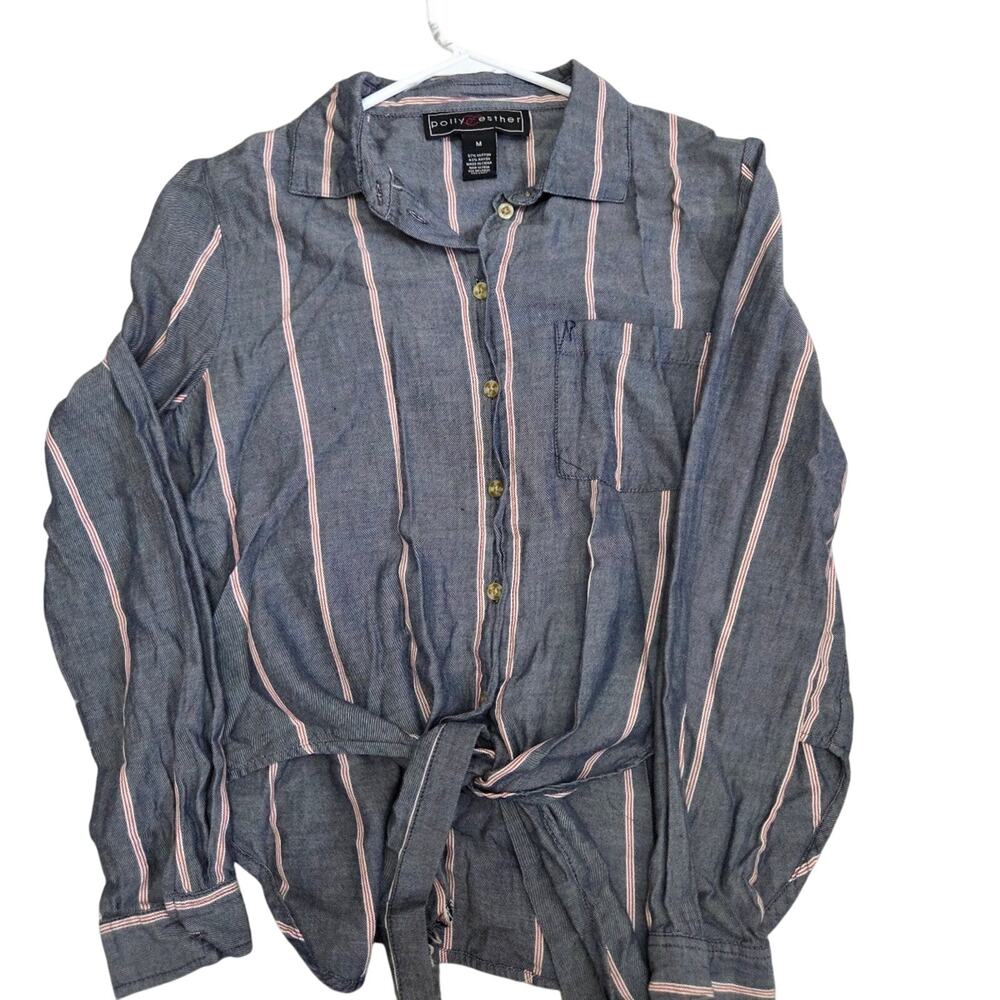 Poly & Esther Woman's Grey with Red and White Stripes Button Down Shirt size M